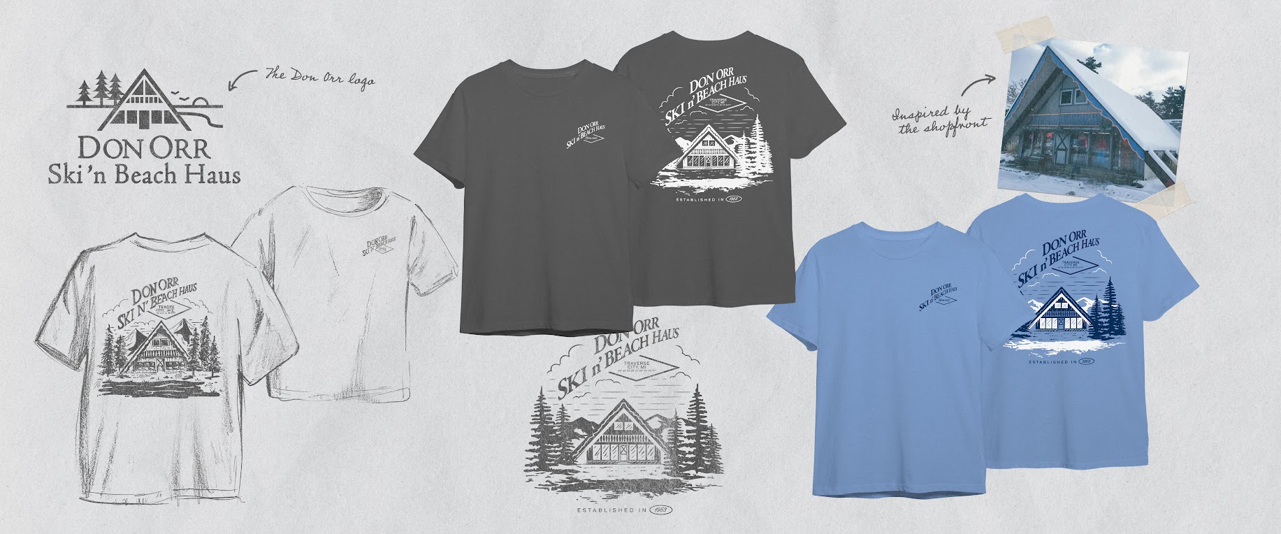 Early sketches exploring the Don Orr A-frame storefront, mountain forms, and apparel composition