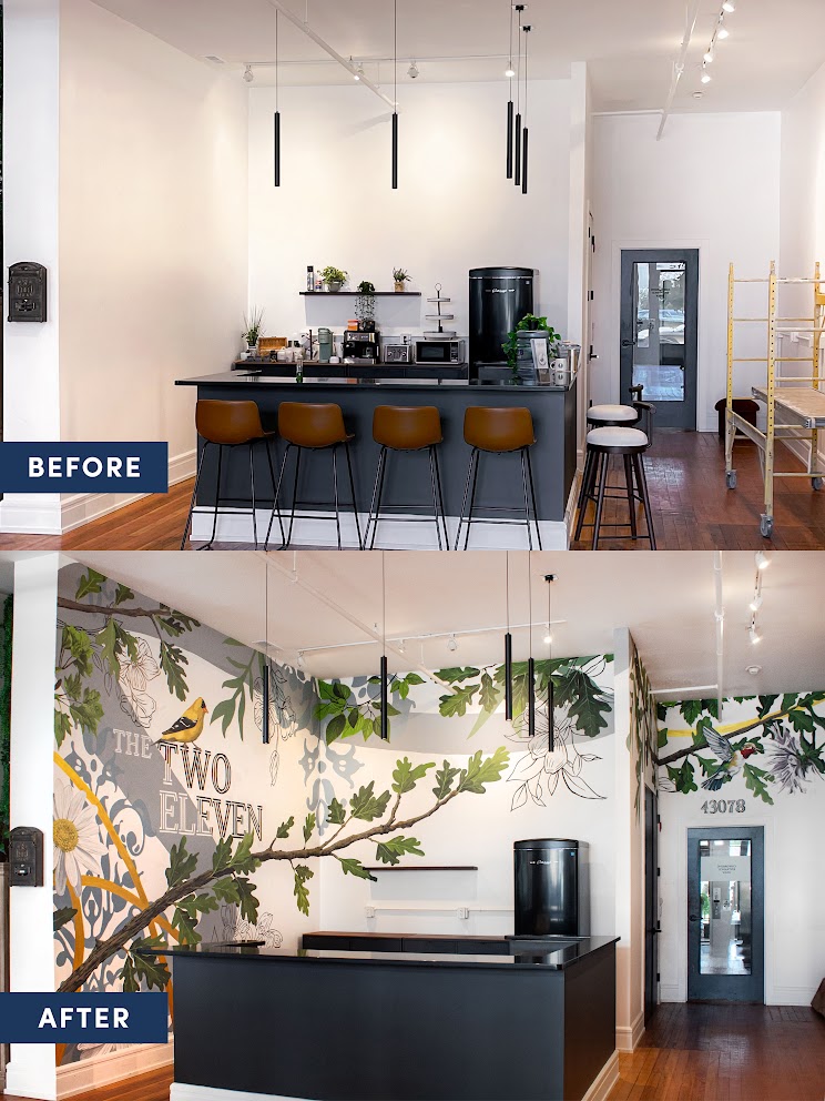 Before-and-after view of the common space transformed by the Gathering Garden mural