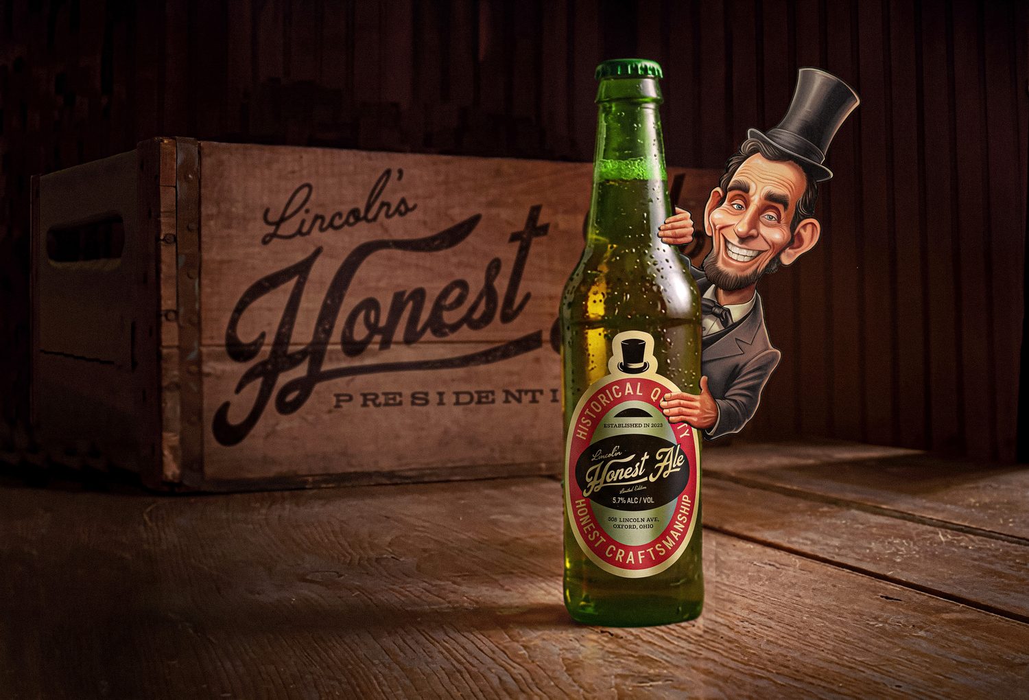 Abraham Lincoln peeking from behind a bottle of Honest Ale, in front of a wooden crate stamped with the Honest Ale wordmark