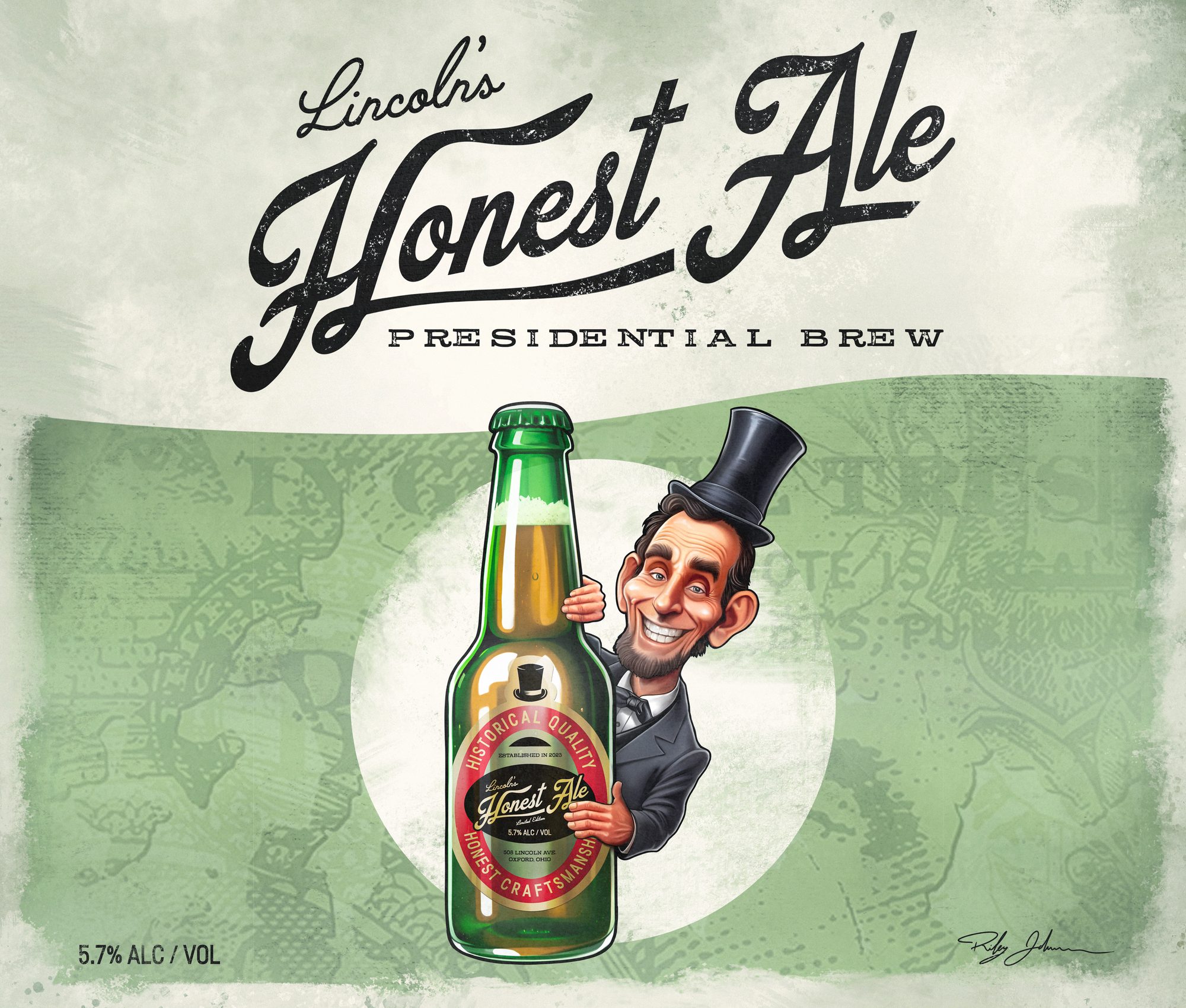 The Honest Ale tapestry: the script wordmark above a grinning Abraham Lincoln in a top hat holding a labeled bottle, 5.7% ALC / VOL in the corner