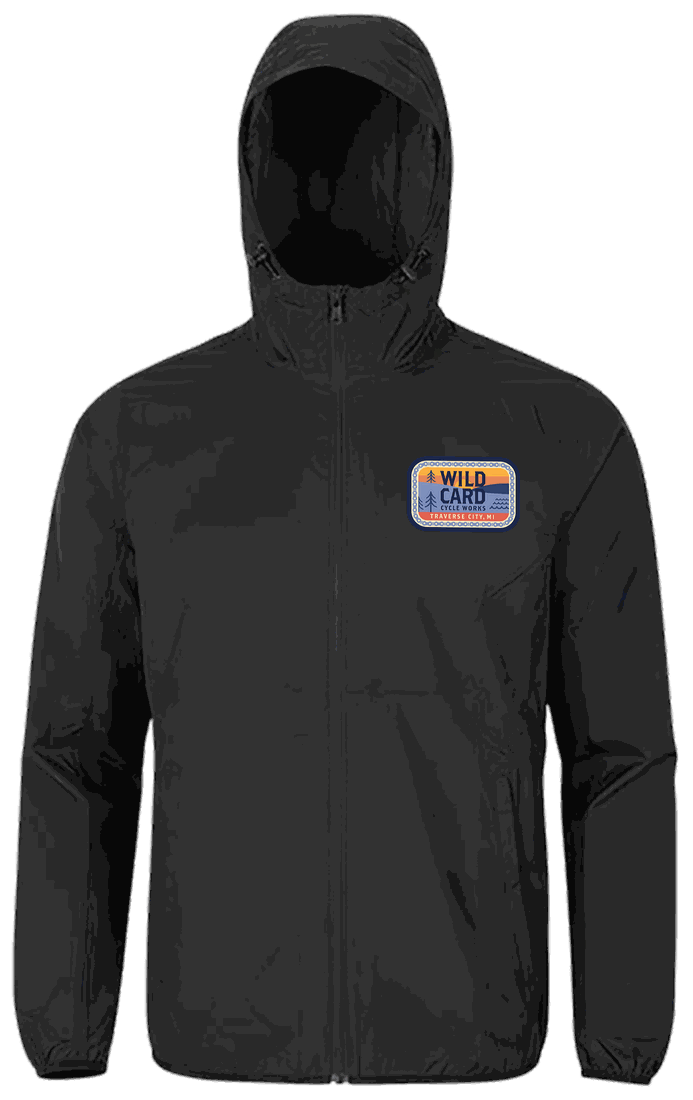A black hooded jacket with the Wild Card Cycle Works patch on the chest